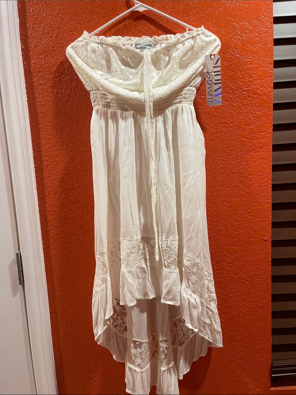 Almost Famous Cream Off-Shoulder High-Low Lace Dress